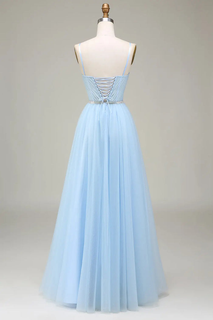 Sky Blue Tulle Ball Gown Prom Dress Sweetheart Spaghetti Strap SH495 Sheer Fairy