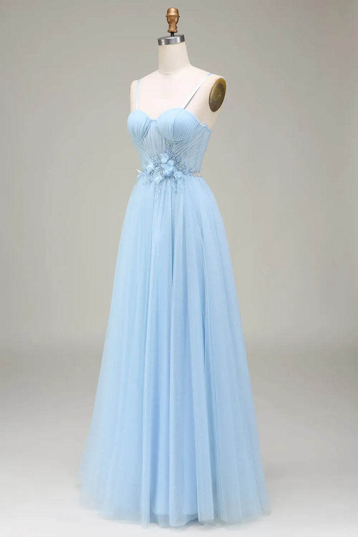 Sky Blue Tulle Ball Gown Prom Dress Sweetheart Spaghetti Strap SH495 Sheer Fairy