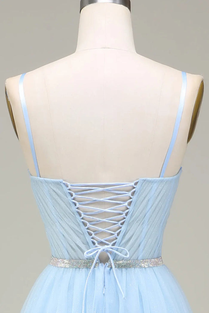 Sky Blue Tulle Ball Gown Prom Dress Sweetheart Spaghetti Strap SH495 Sheer Fairy