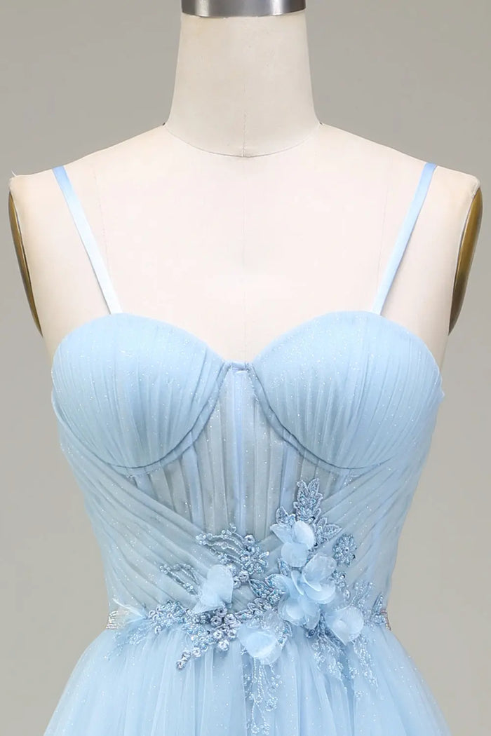 Sky Blue Tulle Ball Gown Prom Dress Sweetheart Spaghetti Strap SH495 Sheer Fairy