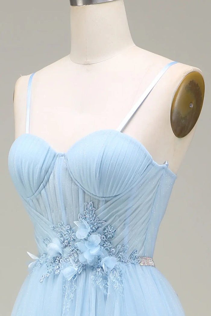Sky Blue Tulle Ball Gown Prom Dress Sweetheart Spaghetti Strap SH495 Sheer Fairy
