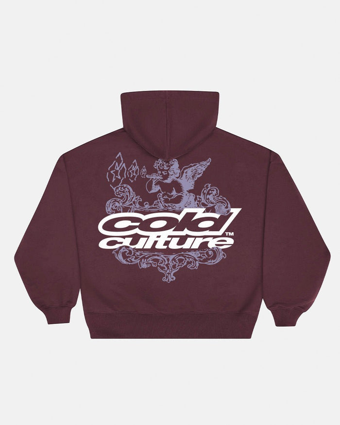 SMOKING ANGEL HOODIE BURGUNDY - burgundy graphic print hoodie, back view - Cold Culture