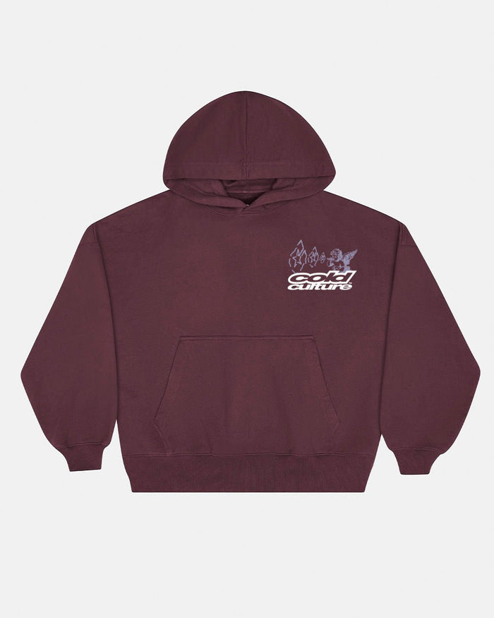 SMOKING ANGEL HOODIE BURGUNDY - burgundy graphic print hoodie, front view - Cold Culture