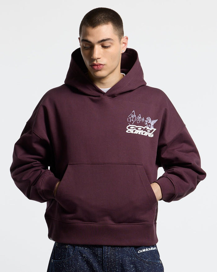 SMOKING ANGEL HOODIE BURGUNDY - burgundy graphic print hoodie, front view on male model - Cold Culture #man