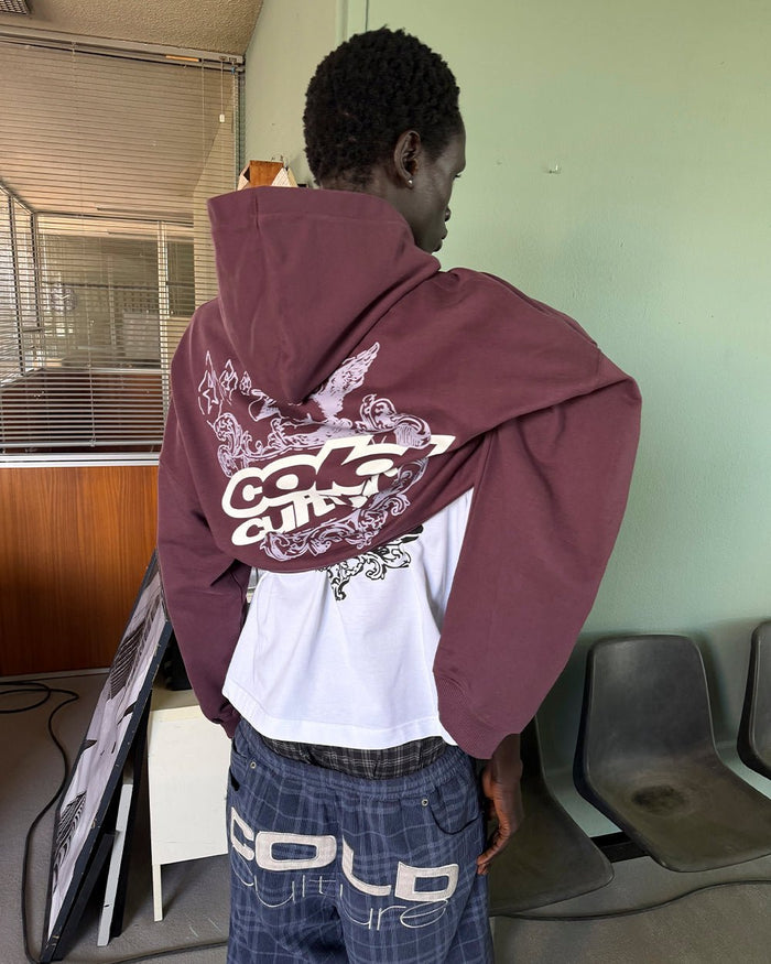 SMOKING ANGEL HOODIE BURGUNDY - burgundy graphic print hoodie, street style shot - Cold Culture