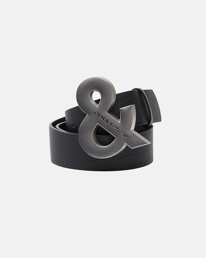 SNAKE & SKIN LEATHER BELT BLACK - black croc-embossed leather belt, front view - Cold Culture