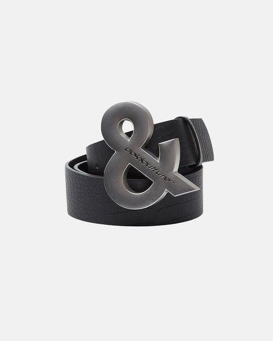 SNAKE & SKIN LEATHER BELT BLACK - black croc-embossed leather belt, front view - Cold Culture