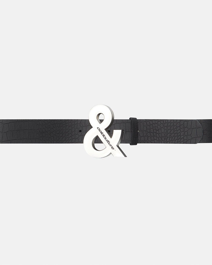 SNAKE & SKIN LEATHER BELT BLACK - black croc-embossed leather belt, detail close-up - Cold Culture