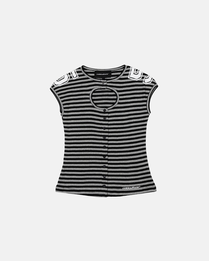SNEAK PEAK BABY TEE BLACK - black striped baby tee, front view - Cold Culture