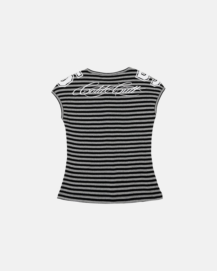 SNEAK PEAK BABY TEE BLACK - black striped baby tee, back view - Cold Culture