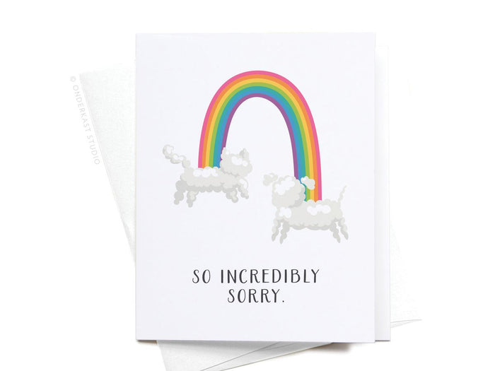 Card with rainbow and unicorns and text 'So Incredibly Sorry' on a white background