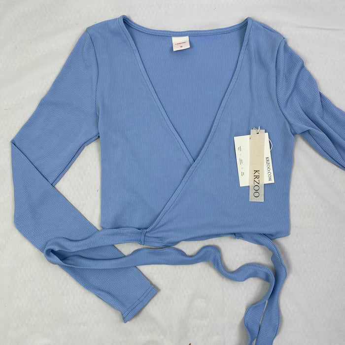 Solid-color V-neck strap long-sleeved top