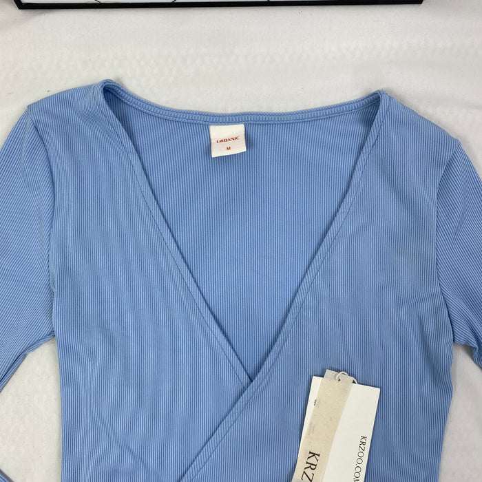 Solid-color V-neck strap long-sleeved top