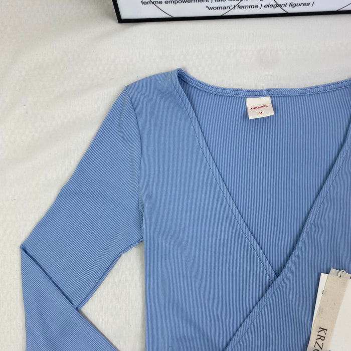 Solid-color V-neck strap long-sleeved top