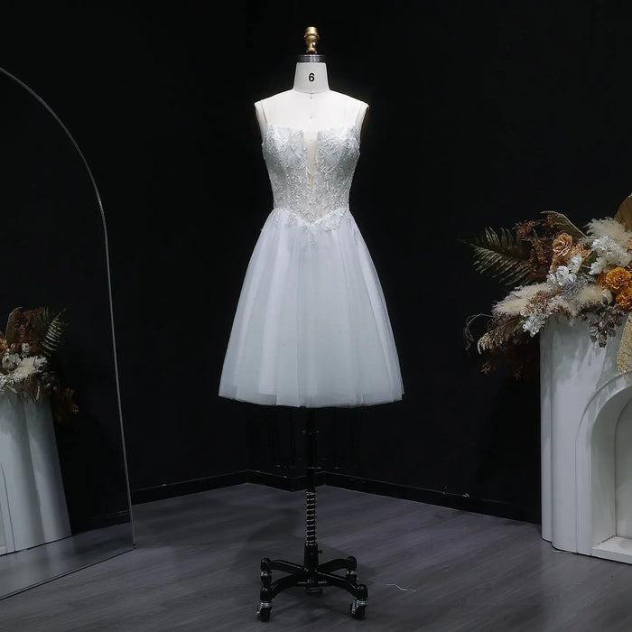 Spaghetti Strap Ball Gown Mini Short White Lace Homecoming Dress RM140 Sheer Fairy