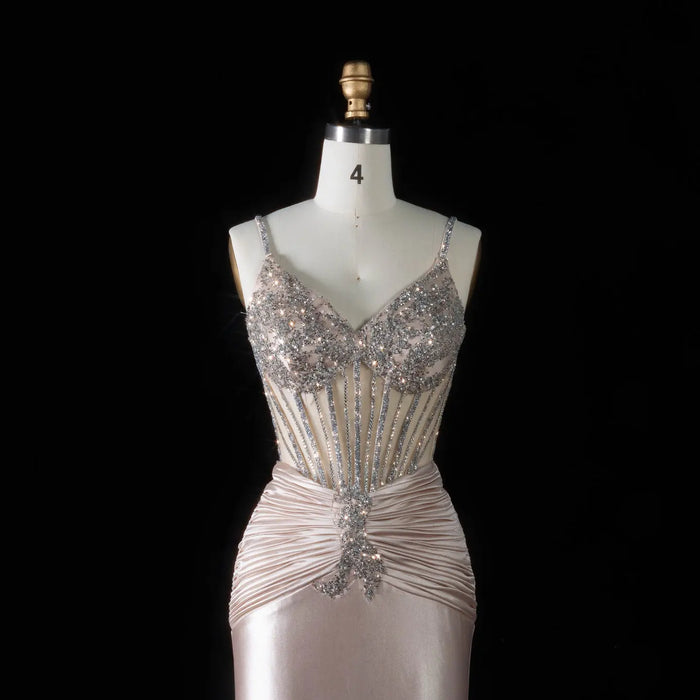 Spaghetti Strap Sexy Mermaid  Champagne  Luxury Beaded Prom Dress Sequins with  Beaded SH093 Sheer Fairy