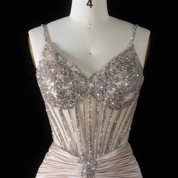 Spaghetti Strap Sexy Mermaid  Champagne  Luxury Beaded Prom Dress Sequins with  Beaded SH093 Sheer Fairy