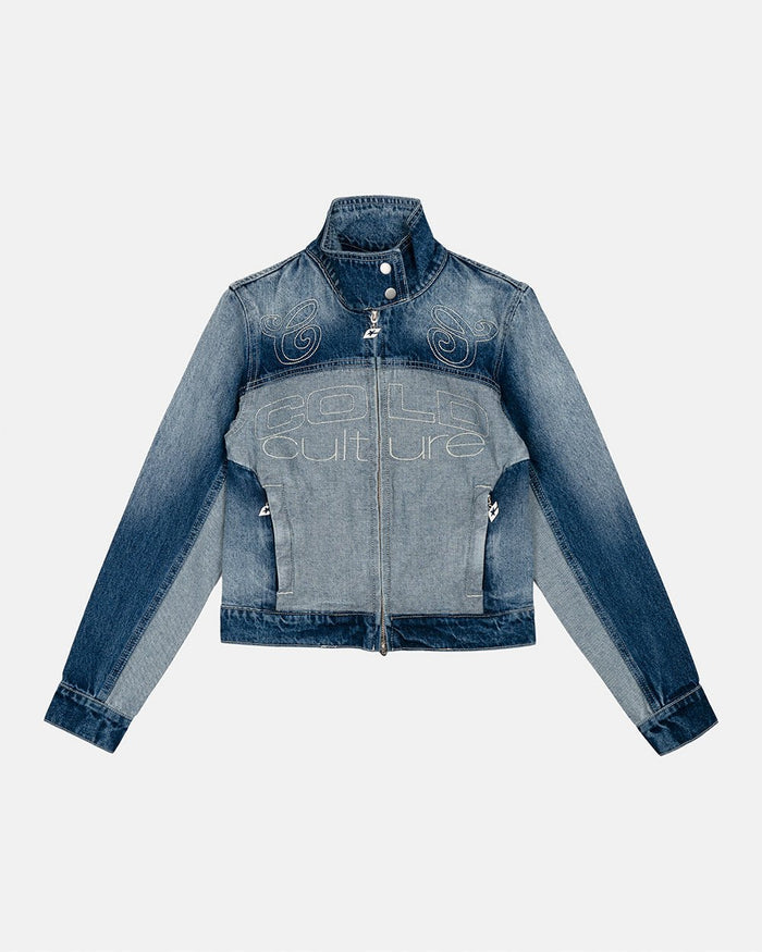SPLIT ZIP JACKET BLUE - blue denim zip jacket, front view - Cold Culture