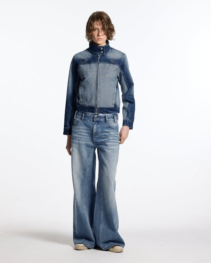 SPLIT ZIP JACKET BLUE - blue denim zip jacket, front view on female model - Cold Culture