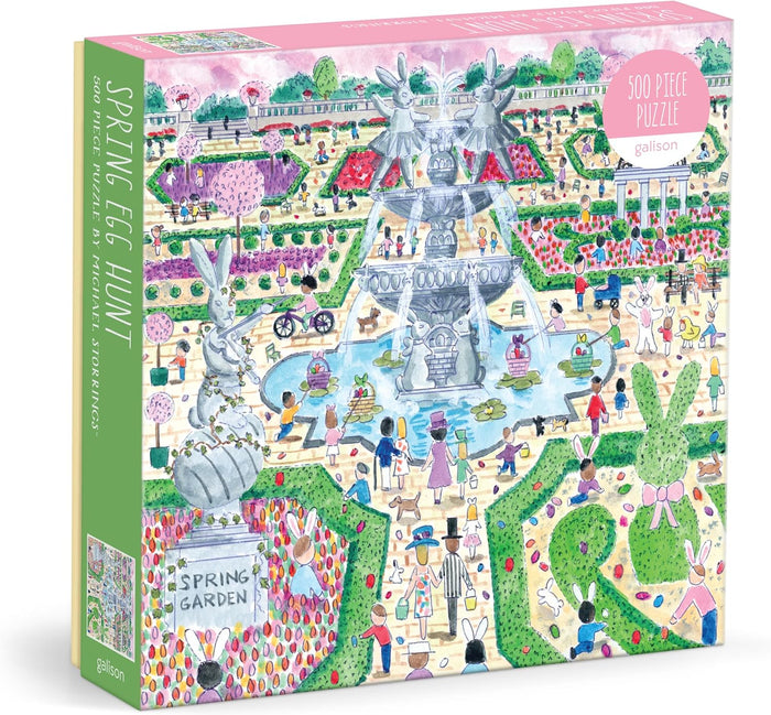 Puzzle box with a colorful garden scene and fountain on the cover