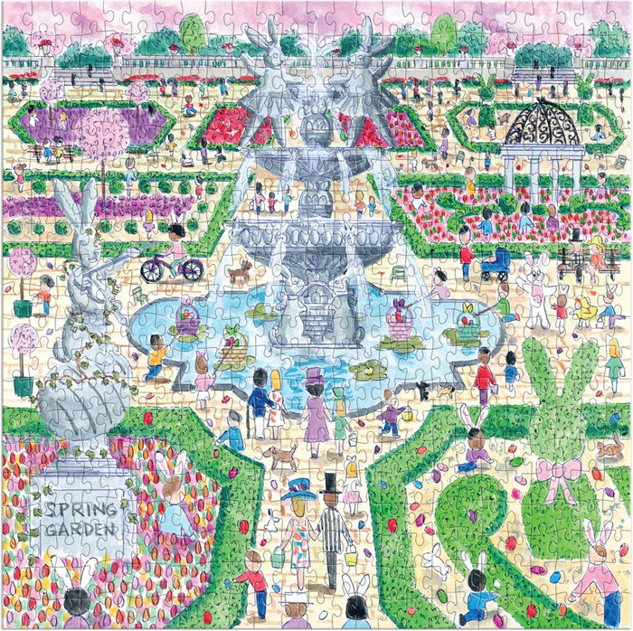 Colorful illustration of a spring garden with people, animals, and a fountain.