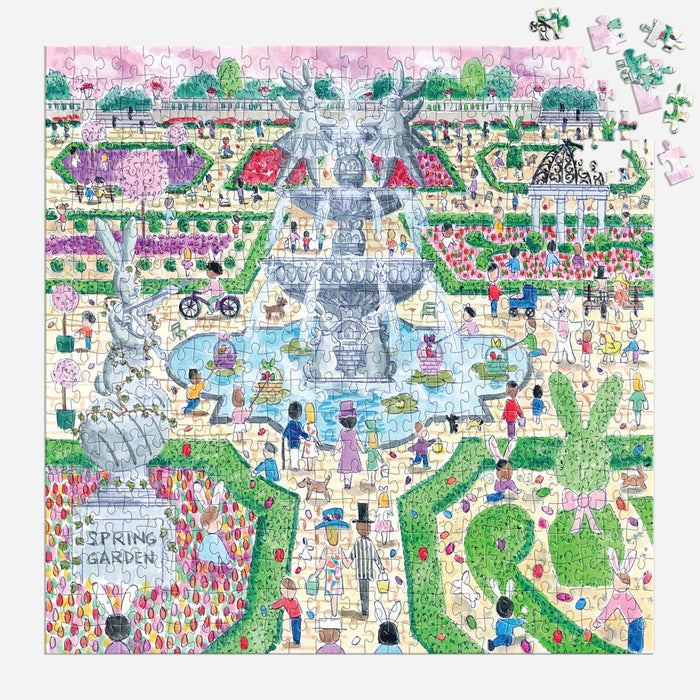 Colorful garden scene with people, animals, and a fountain on a white background
