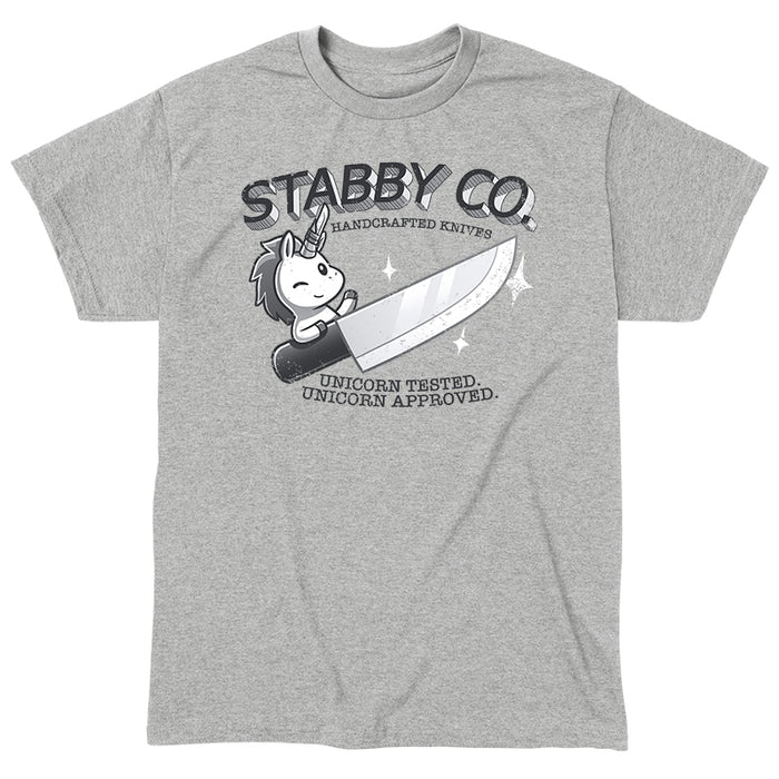 Classic Cotton T-shirt_TeeTurtle Stabby Co. Handcrafted Knives heather gray t-shirt featuring a logo of "Stabby Co." A unicorn is holding a large knife, with the text "Handcrafted Knives - Unicorn Tested. Unicorn Approved."