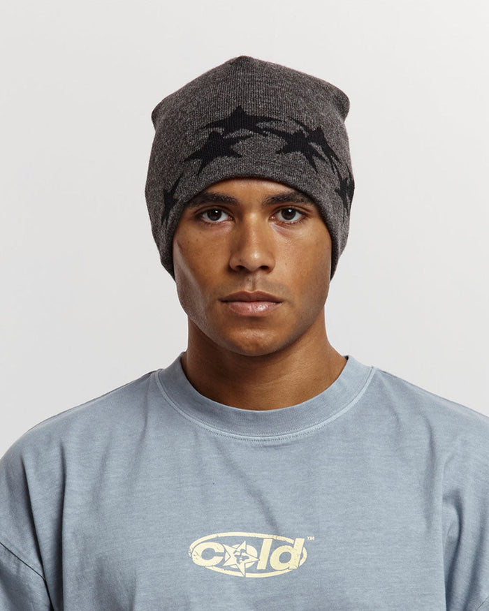 STARS BEANIE GREY - grey knit beanie, on model close-up - Cold Culture #man
