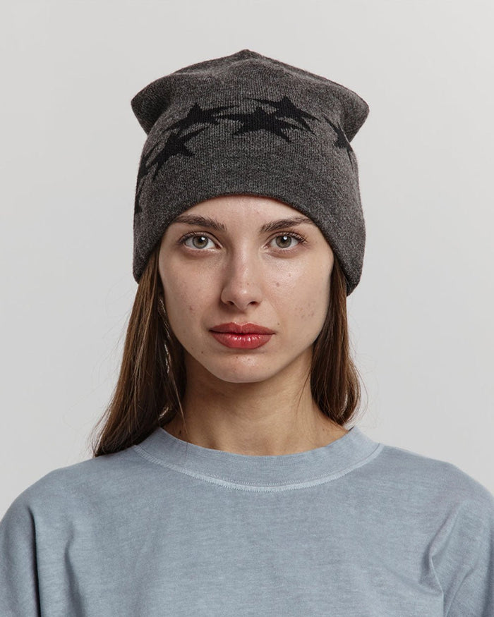 STARS BEANIE GREY - grey knit beanie, on model close-up - Cold Culture #woman