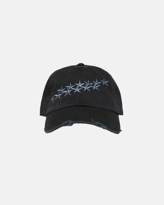 STARS CAP BLACK - black distressed cap, front view - Cold Culture