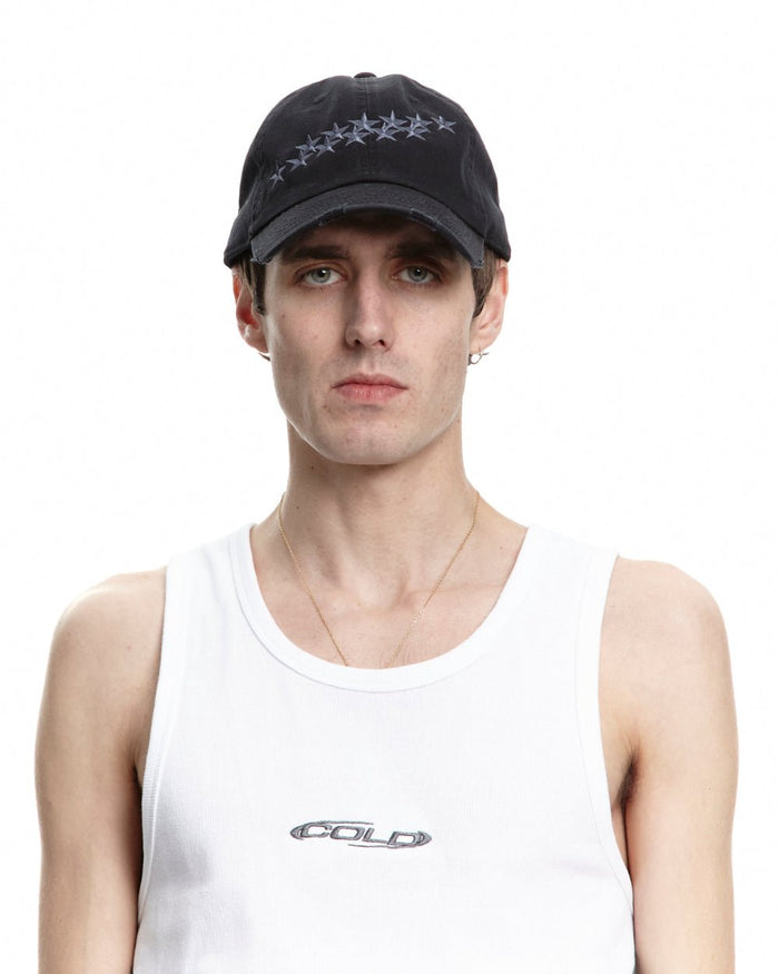 STARS CAP BLACK - black distressed cap, on model close-up - Cold Culture #man
