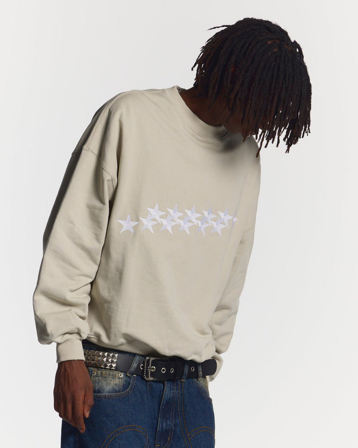 STARS CREWNECK PALE GREY - pale grey oversized crewneck sweatshirt, front view on male model - Cold Culture #man