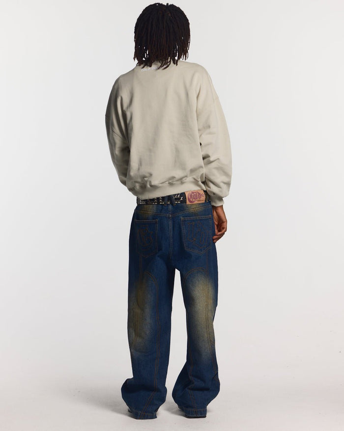STARS CREWNECK PALE GREY - pale grey oversized crewneck sweatshirt, back view on male model - Cold Culture #man