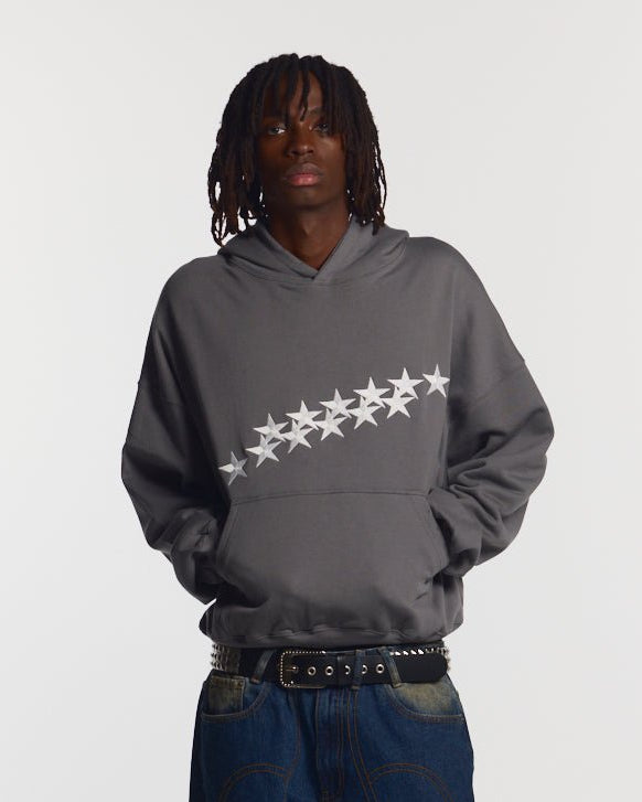 STARS HOODIE DUST GREY - dust grey oversized hoodie, front view on male model - Cold Culture #man