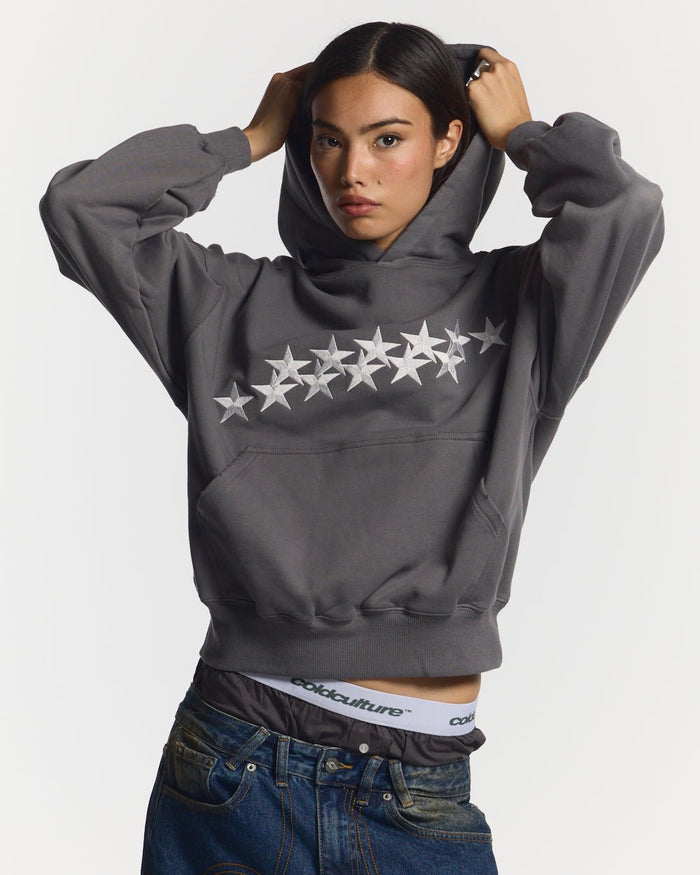 STARS HOODIE DUST GREY - dust grey oversized hoodie, front view on female model - Cold Culture #woman