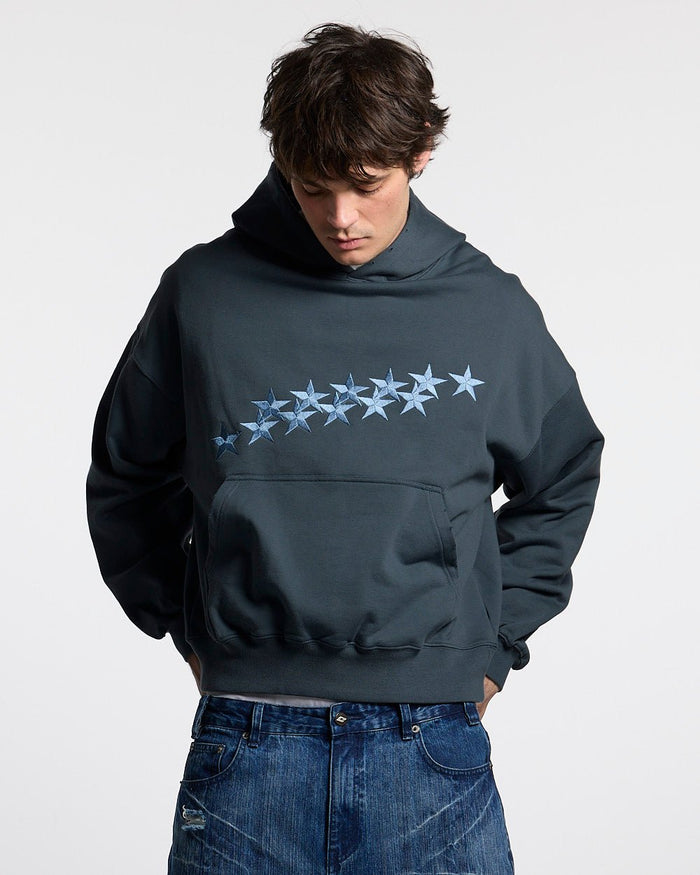 STARS HOODIE SLATE BLUE - slate blue oversized hoodie, front view on male model - Cold Culture #man