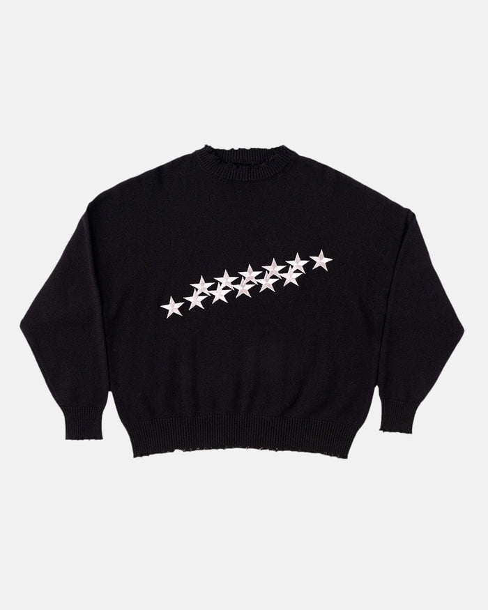 STARS KNIT BLACK - black distressed knit sweater, front view - Cold Culture