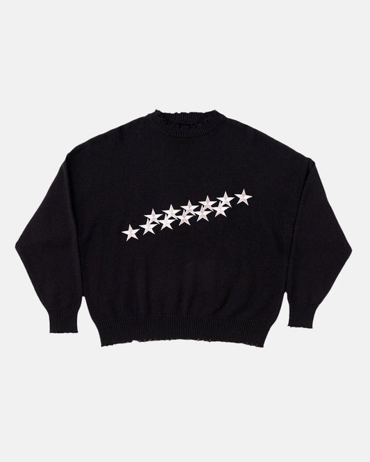 STARS KNIT BLACK - black distressed knit sweater, front view - Cold Culture