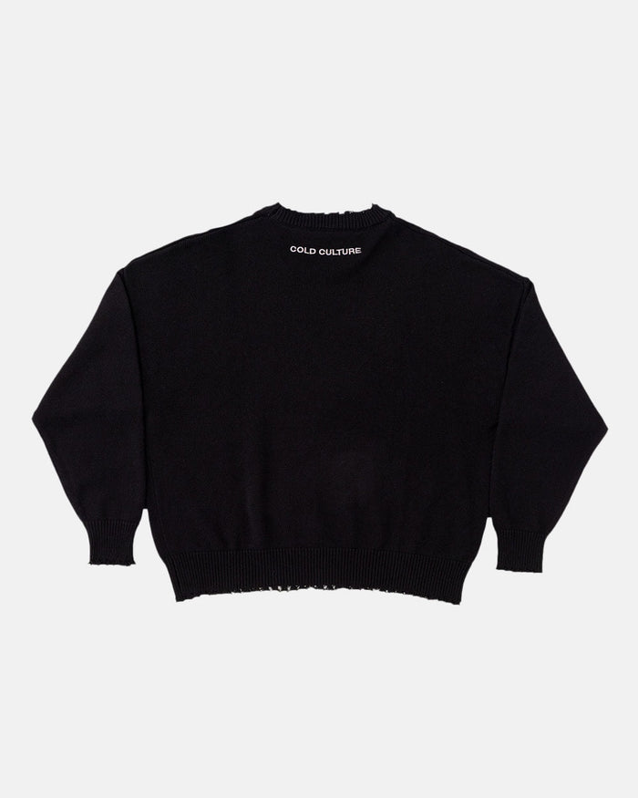 STARS KNIT BLACK - black distressed knit sweater, back view - Cold Culture