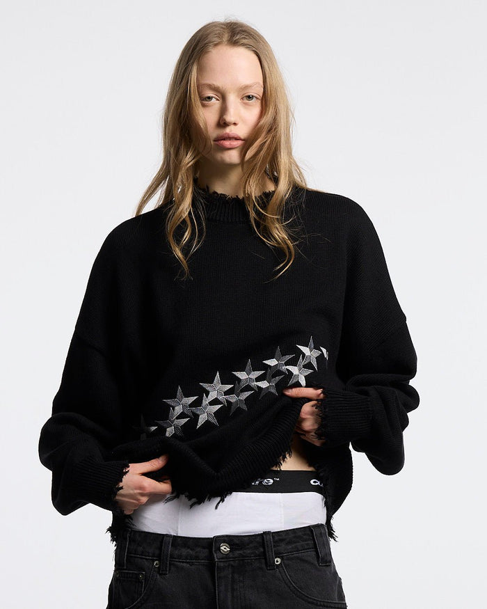 STARS KNIT BLACK - black distressed knit sweater, front view on female model - Cold Culture #woman