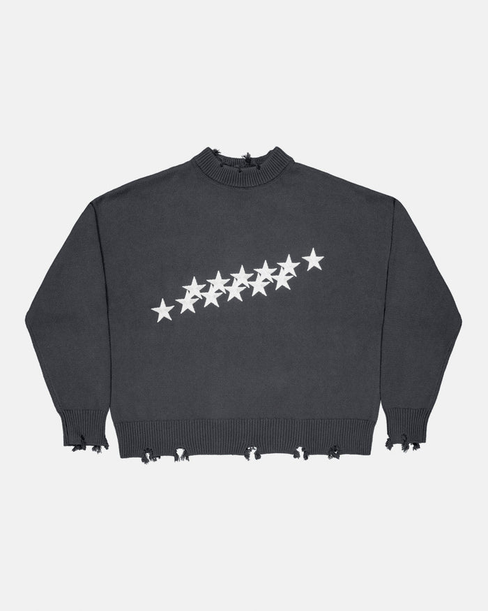 STARS KNIT INDIA INK - charcoal distressed knit sweater, front view - Cold Culture