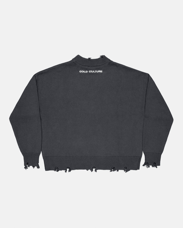 STARS KNIT INDIA INK - charcoal distressed knit sweater, back view - Cold Culture