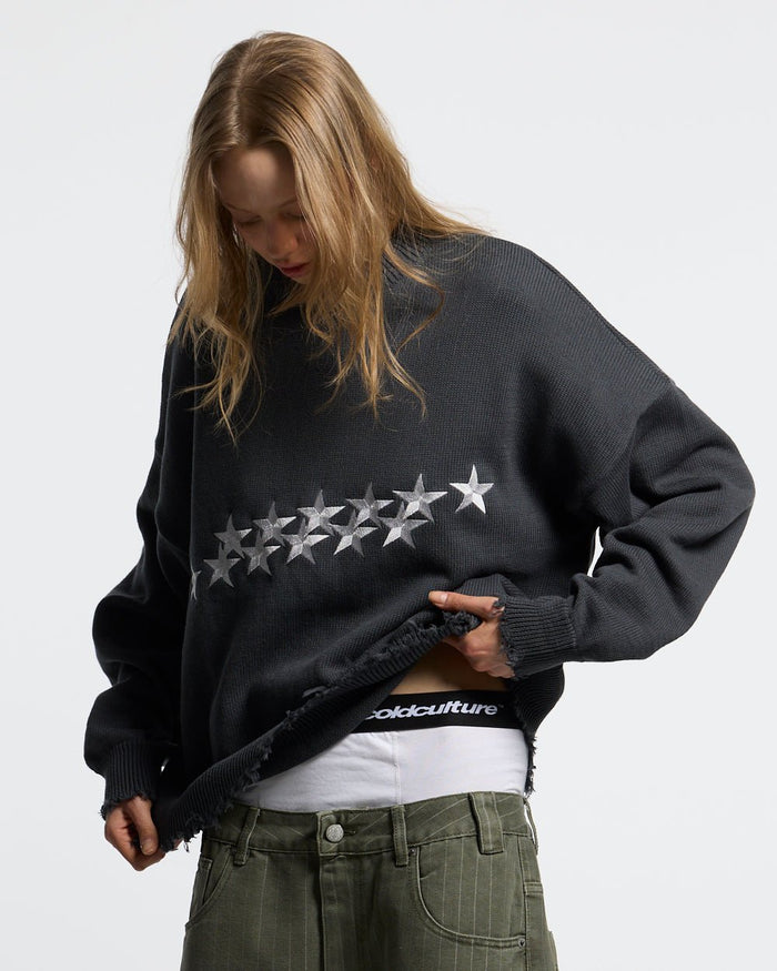 STARS KNIT INDIA INK - charcoal distressed knit sweater, front view on female model - Cold Culture #woman