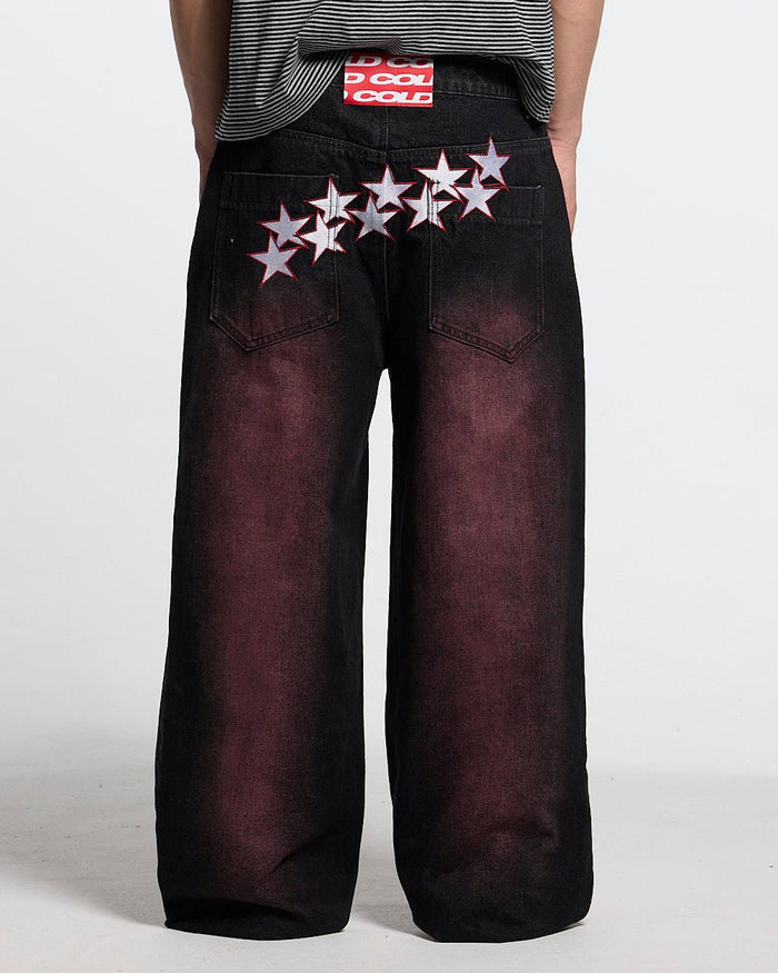 STARS V2 PANTS BURGUNDY - burgundy star embroidered pants, back view on male model - Cold Culture #man