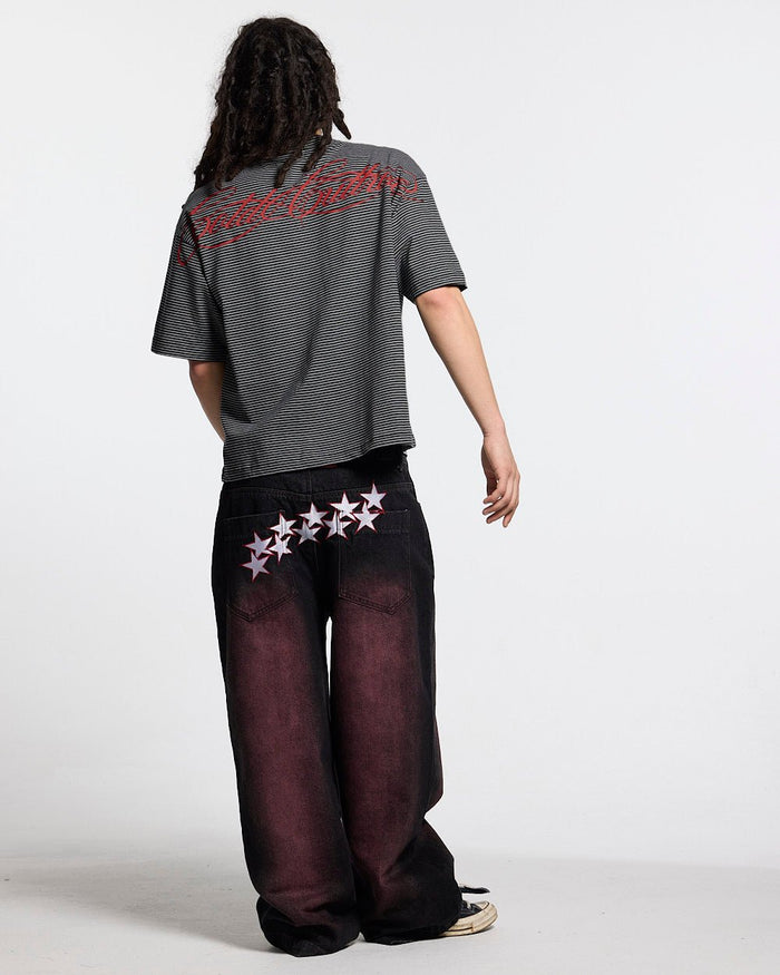 STARS V2 PANTS BURGUNDY - burgundy star embroidered pants, back view on male model - Cold Culture #man