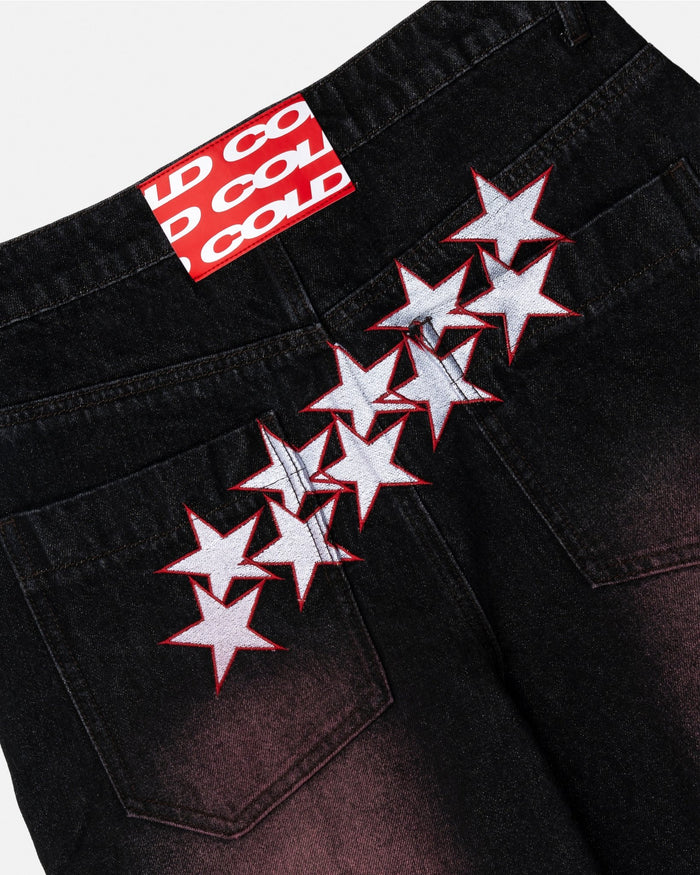 STARS V2 PANTS BURGUNDY - burgundy star embroidered pants, detail close-up - Cold Culture
