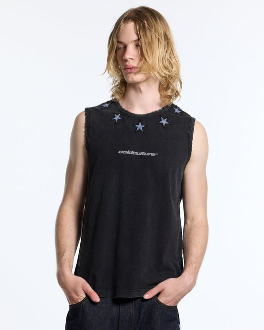 STARSHIP TOP BLACK - washed black sleeveless tee, front view on male model - Cold Culture #man