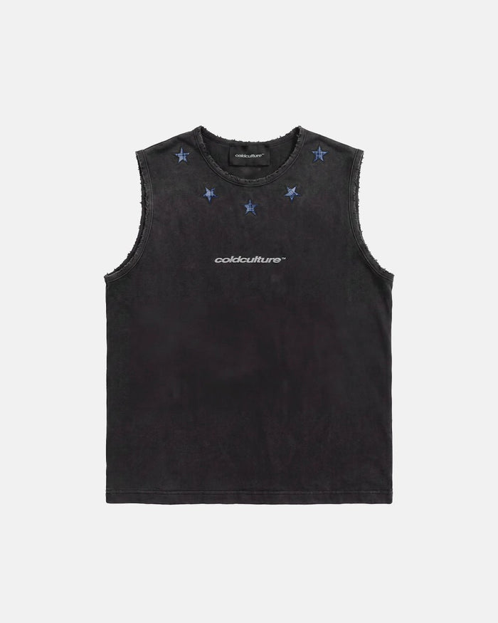 STARSHIP TOP BLACK - washed black sleeveless tee, front view - Cold Culture