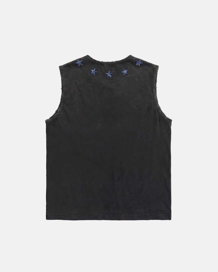 STARSHIP TOP BLACK - washed black sleeveless tee, back view - Cold Culture