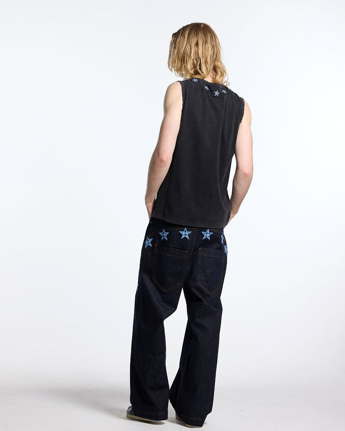 STARSHIP TOP BLACK - washed black sleeveless tee, back view on male model - Cold Culture #man